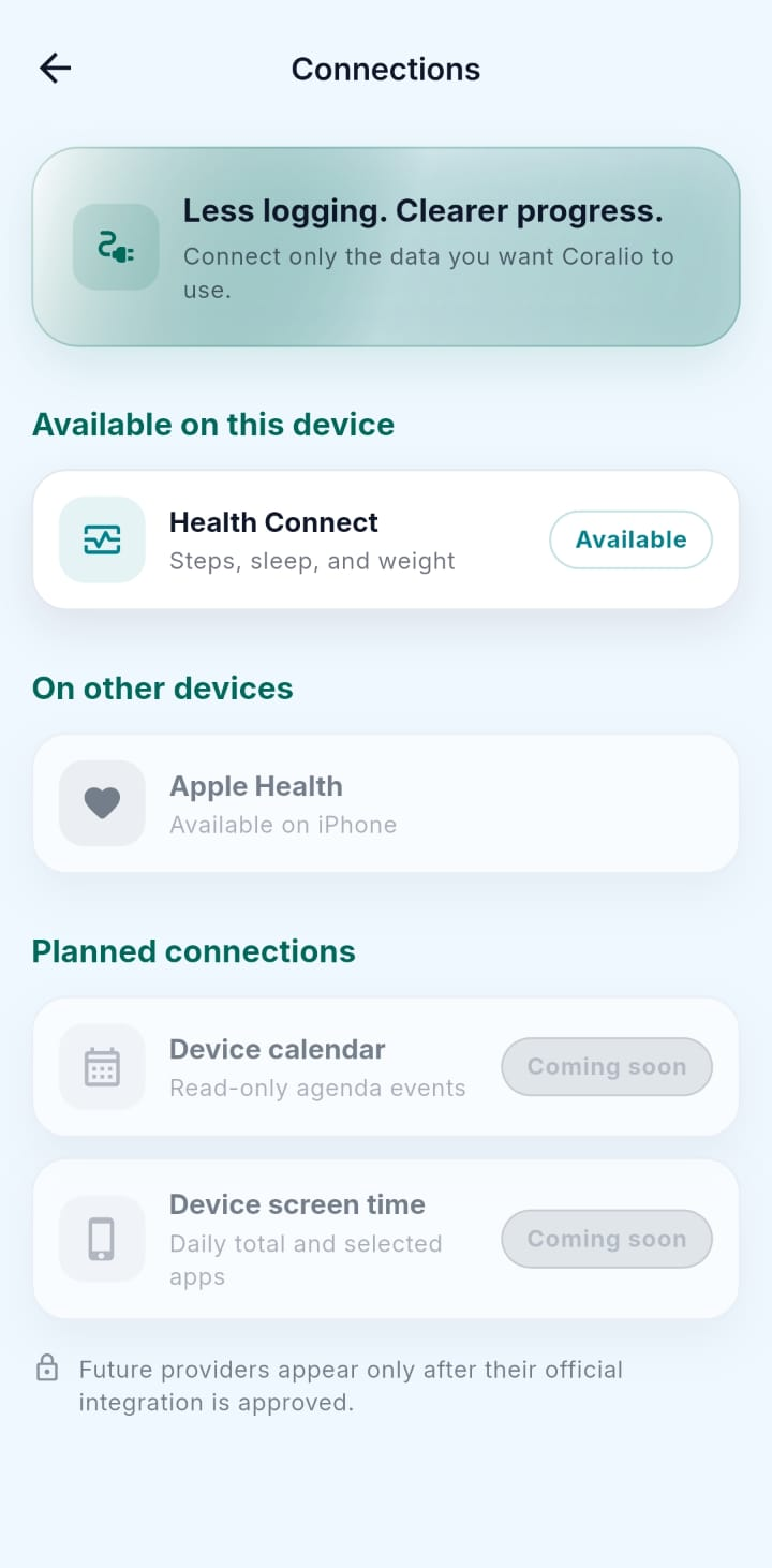 Coralio connections screenshot showing read-only health signals