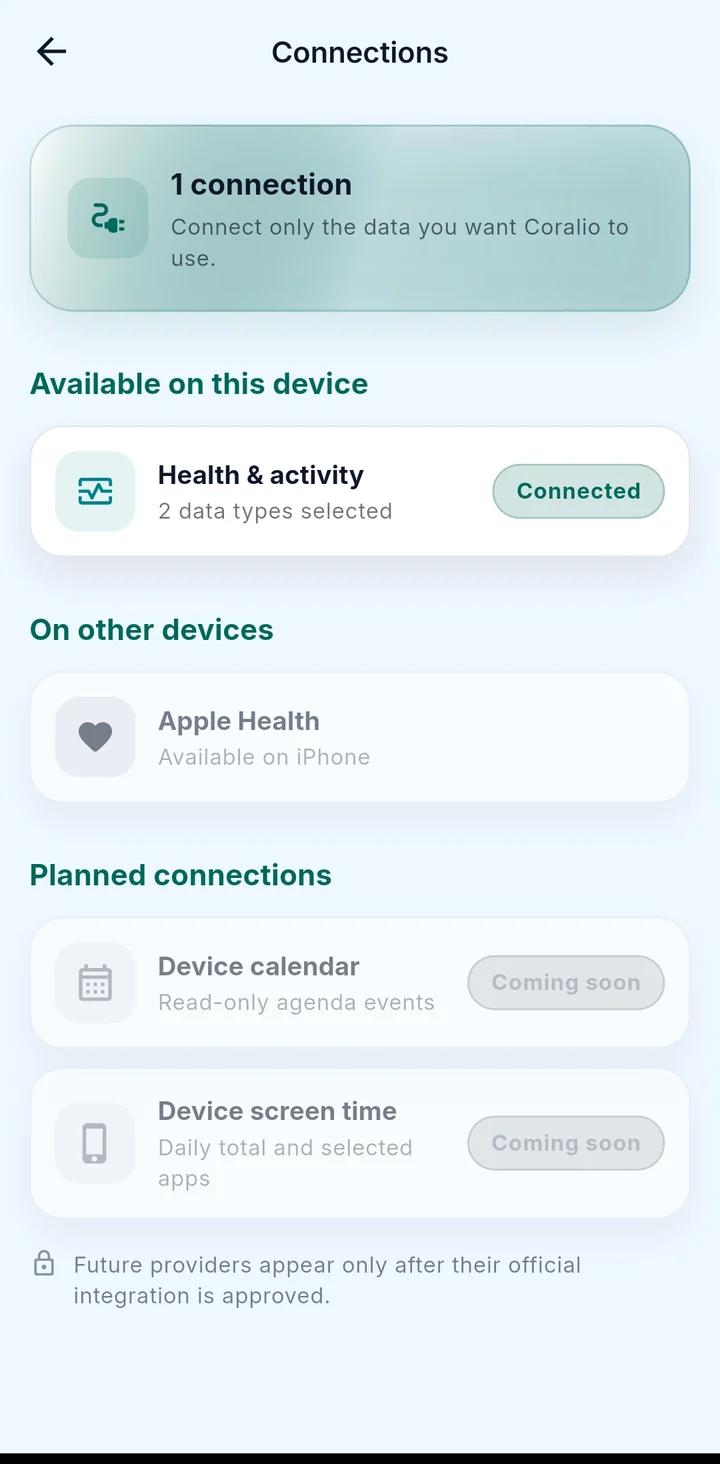 Connections: one connection, Health & activity, 2 data types selected