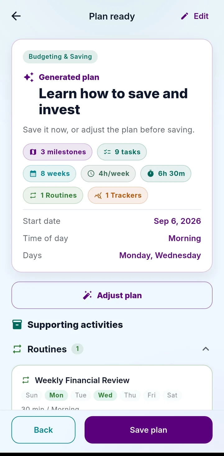 Plan ready: milestones, tasks, supporting routines and trackers