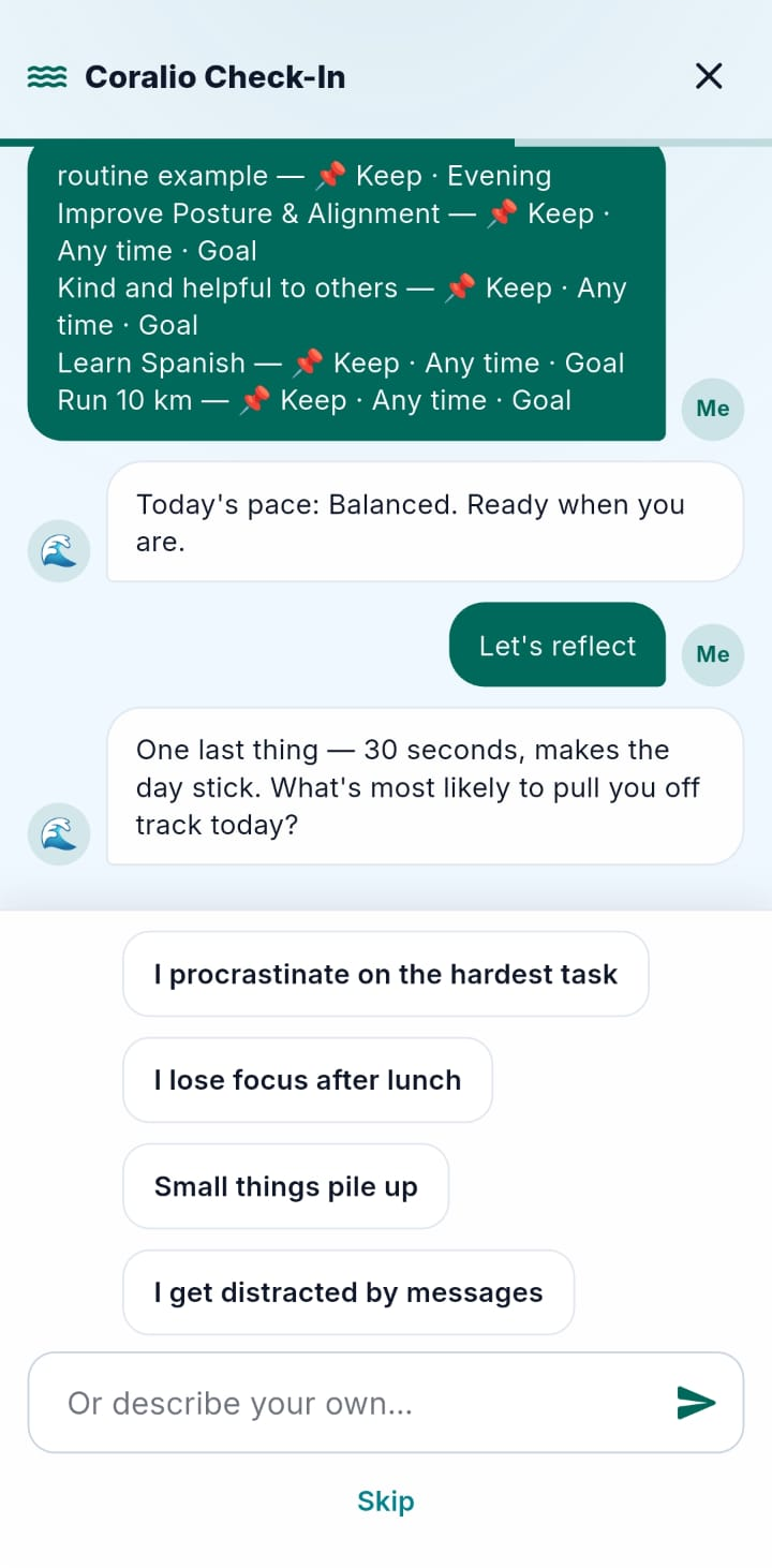 Coralio morning check-in screenshot