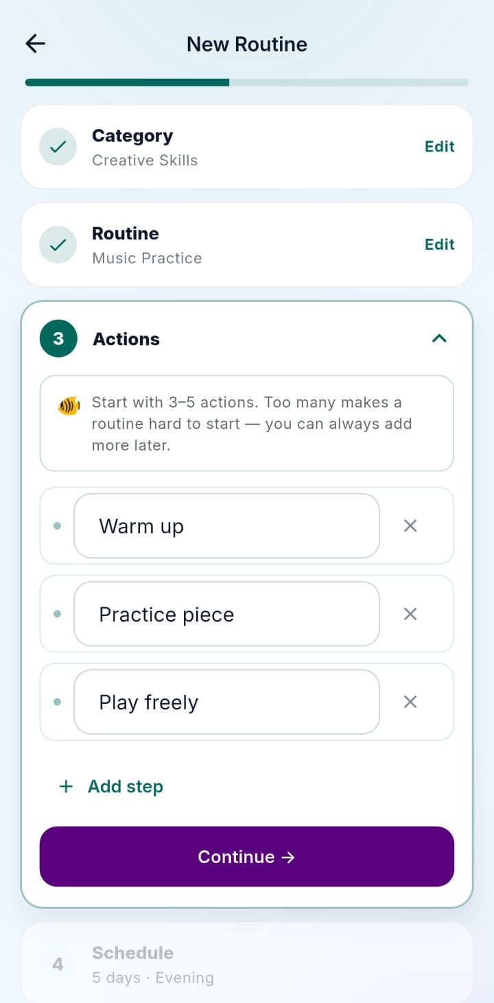 Coralio routine setup screen with action steps