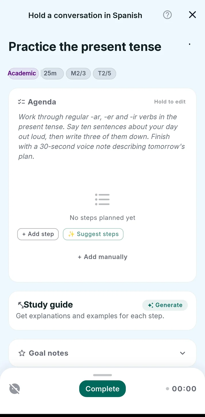 Session workspace: agenda, suggest steps, study guide, complete