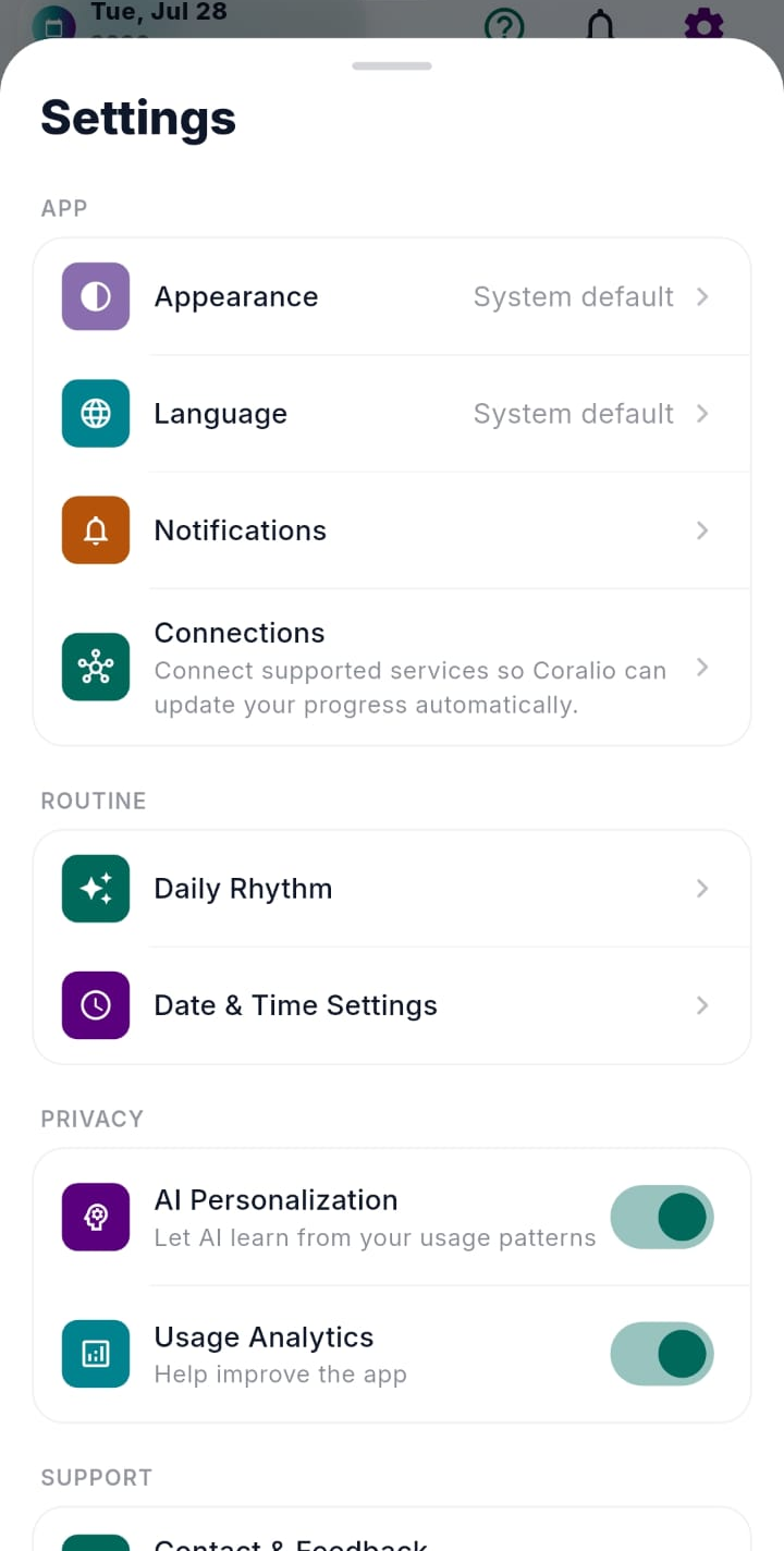Coralio settings screen with connections and privacy controls